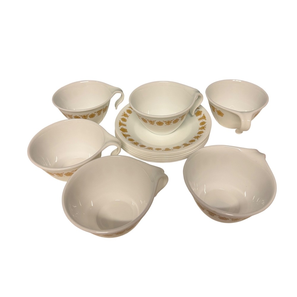 Corelle Butterfly Gold Tea Cups and Saucers Set of 6 Vintage‎ Corning Livingware
